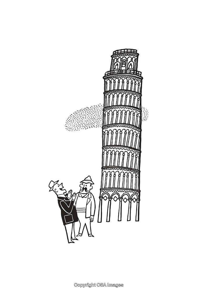 Black and White Line Illustration of Leaning Tower with Tourists