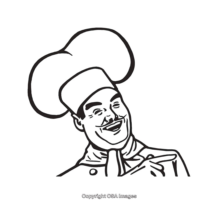 Black And White Illustration of a Happy Chef with Chef Hat and Smile