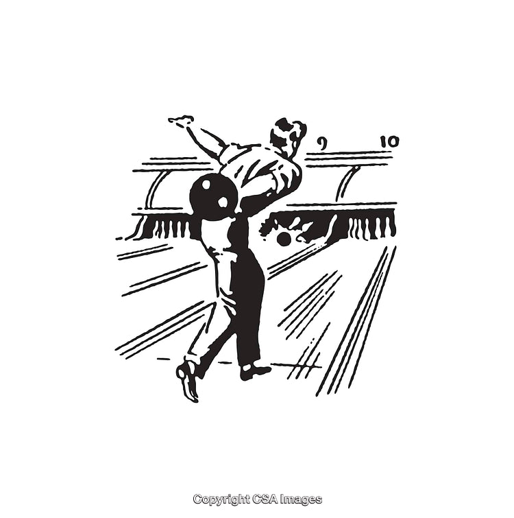 Black and White Illustration of a Man Bowling on a Lane