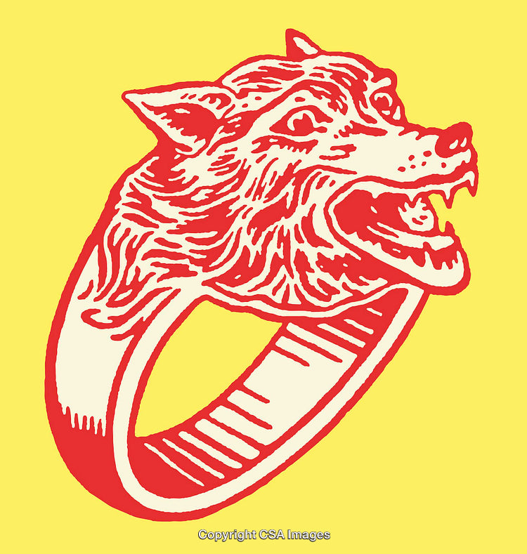 Bold Retro Color Line Art Featuring Red Wolf Ring on Yellow Background