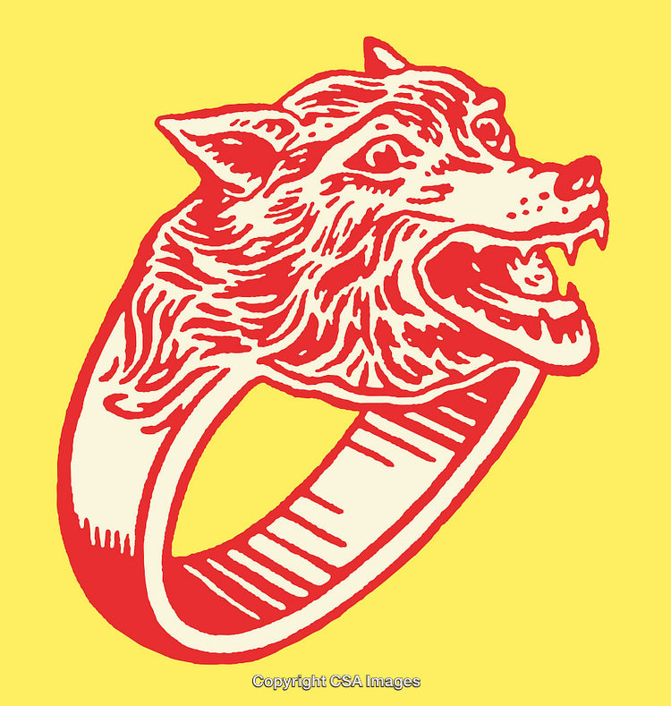 Bold Retro Color Line Art Featuring Red Wolf Ring on Yellow Background