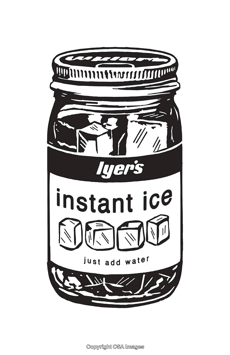 Black and White Line Art Illustration of a Jar Labeled Instant Ice