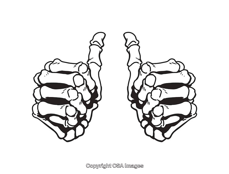 Skeleton Hands Giving Thumbs Up in Black and White Line Art Illustration