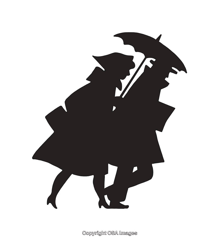 Silhouette of Walking Figures in the Rain Holding an Umbrella