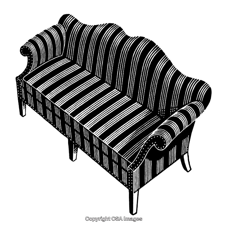 Striped Upholstered Sofa Illustration in Black and White Engraving Style