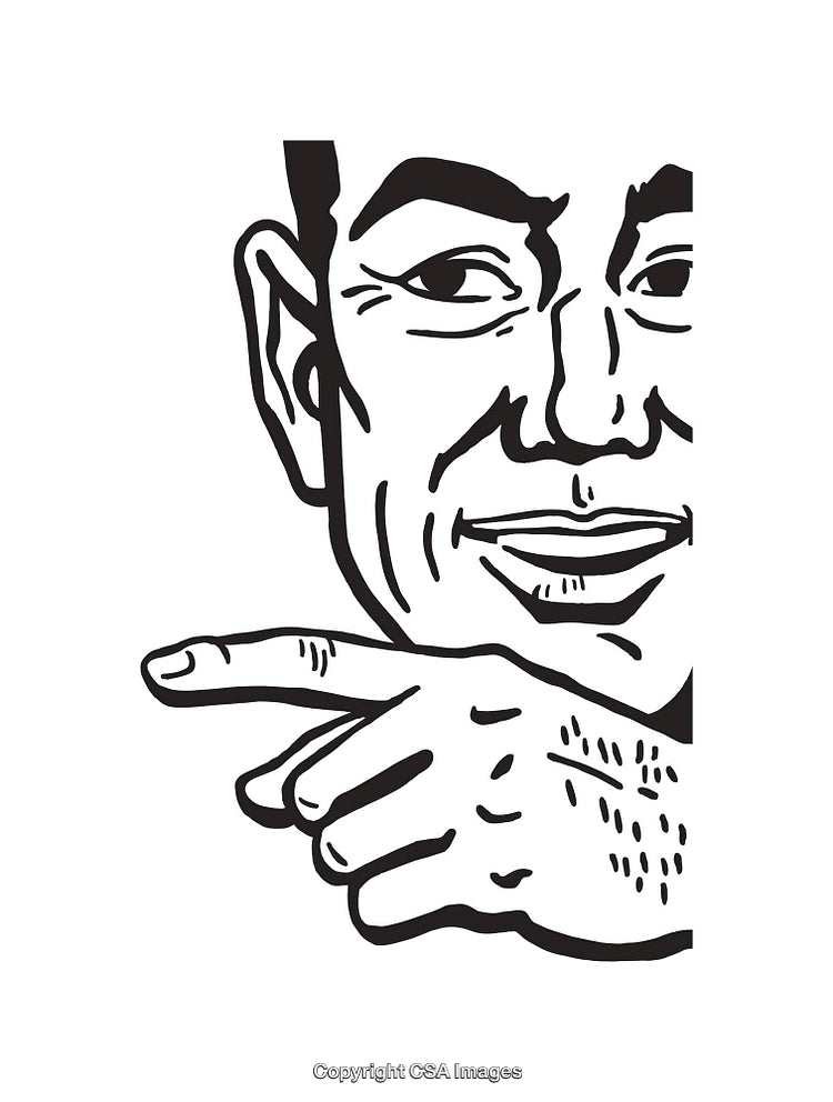 Black and White Line Art of a Person Pointing with a Smile