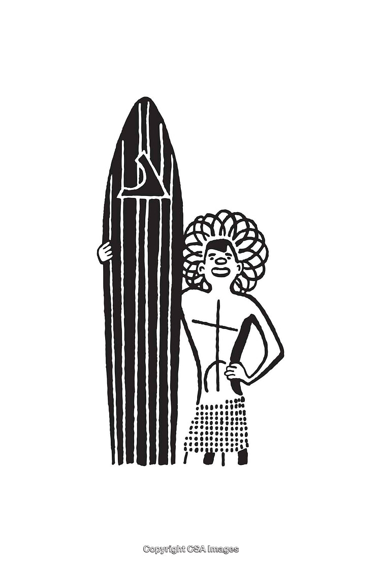 Black and White Line Art Featuring Stylish Surfer with Surfboard