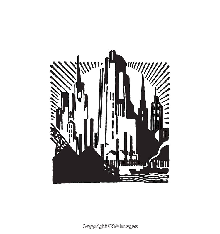 Black and White Line Art Illustration of an Urban City Skyline