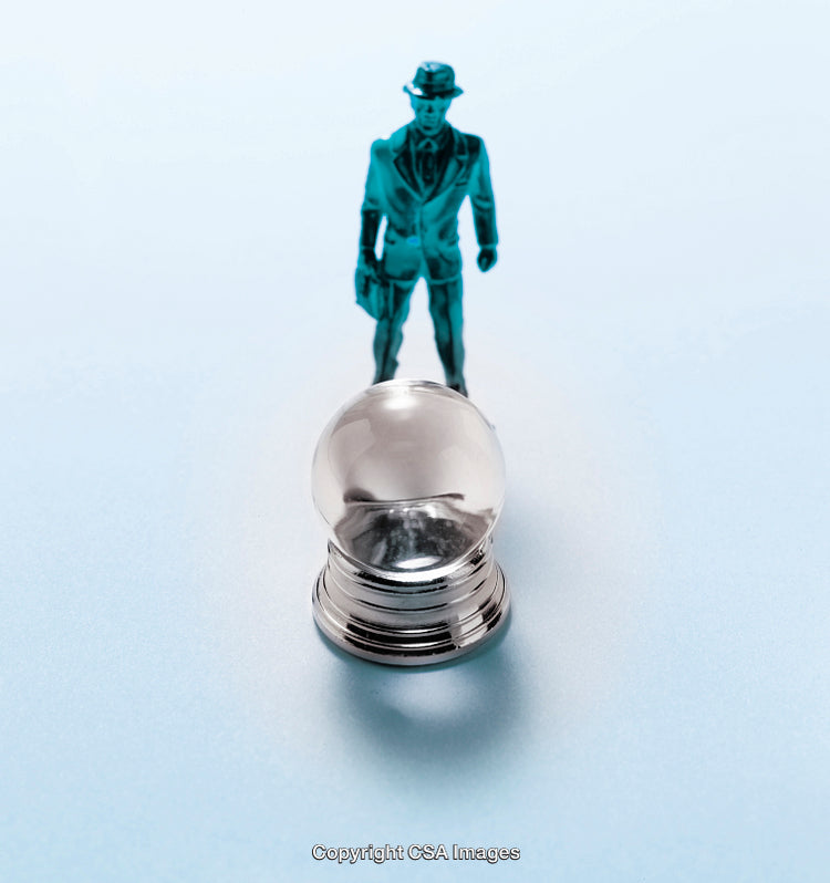 Businessman Figure with Crystal Globe on Light Blue Surface