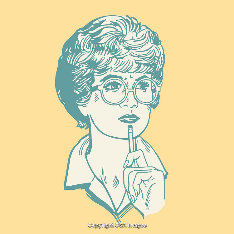 Thoughtful Woman Illustration With Retro Style Line Art on Yellow Background