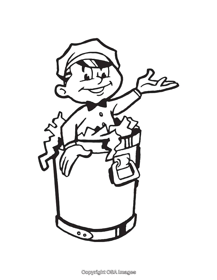 Cheerful Cartoon Character Waving from a Metal Barrel Line Art Illustration