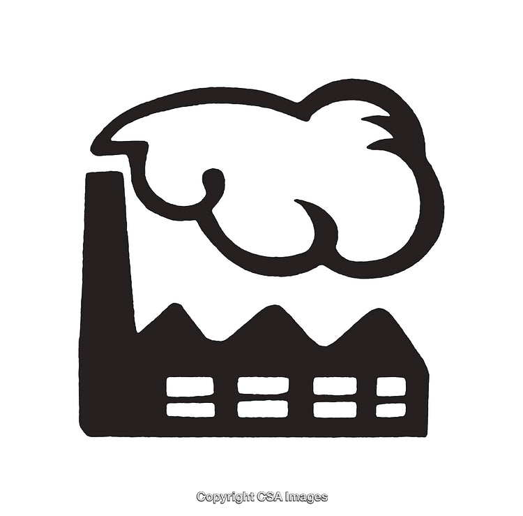 Black and White Industrial Factory with Smokestack and Clouds Illustration