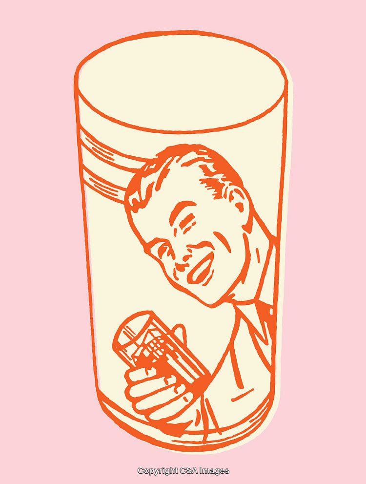 Vintage Style Illustration of a Smiling Man Holding a Glass in Line Art