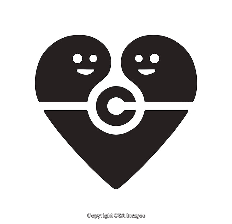 Black and White Icon of Heart with Smiling Faces and Symbol