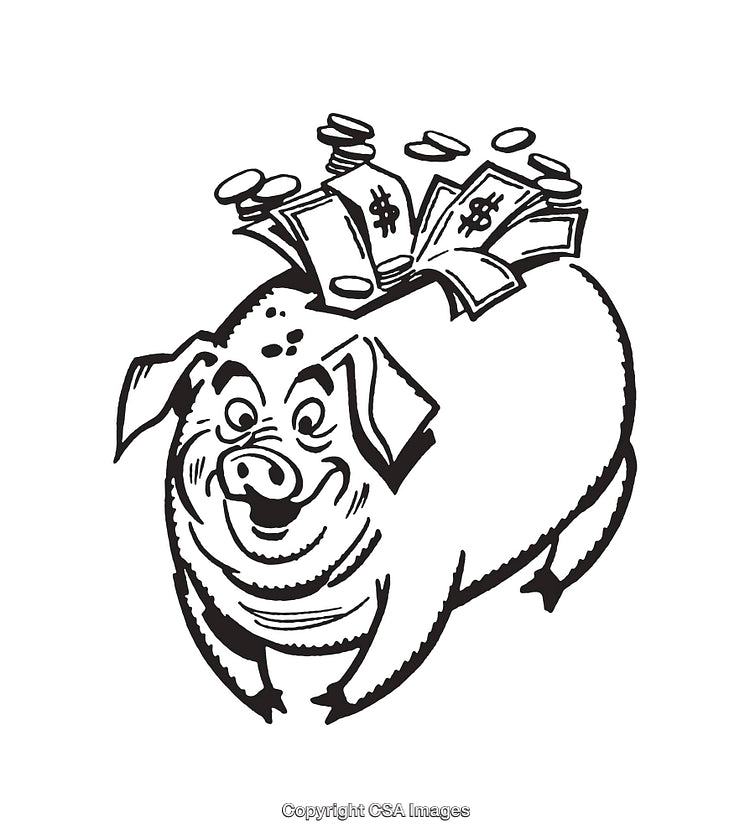 Black And White Line Art of a Piggy Bank With Coins and Bills