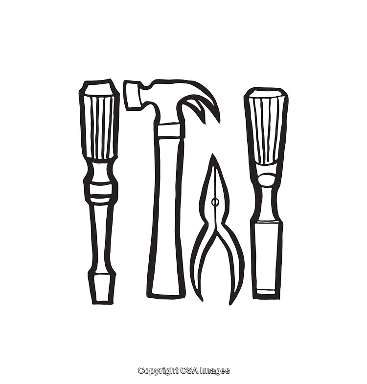 Black and White Line Art of Common Hand Tools