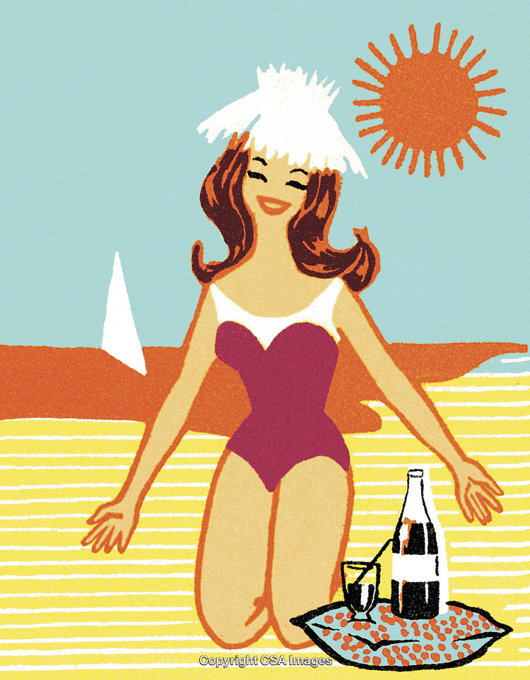 Vintage Illustration of a Woman Relaxing on a Beach Under the Sun