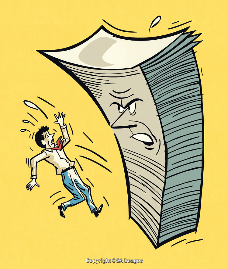 Cartoon Illustration of Overwhelmed Businessman Facing an Intimidating Stack of Paperwork