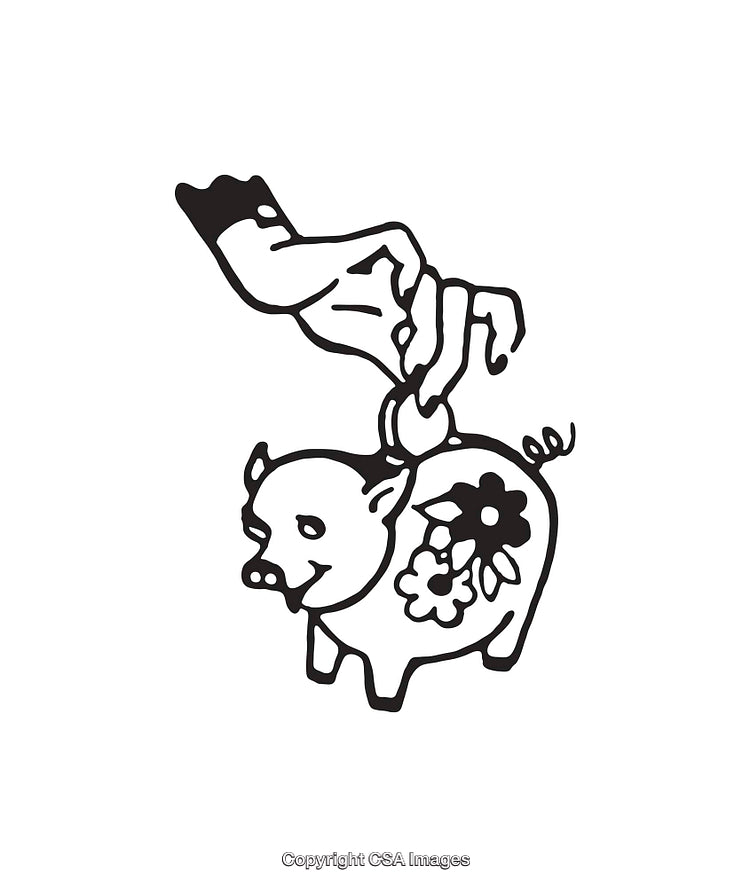 Black and White Line Art of a Hand and Piggy Bank Illustration