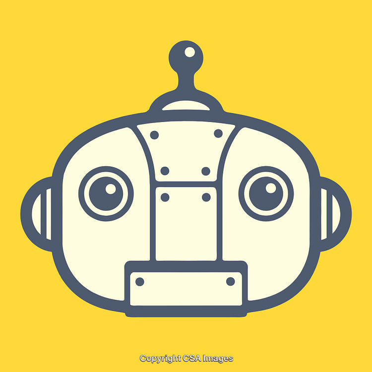 Colorful Line Art Illustration of a Robot Face on Yellow Background