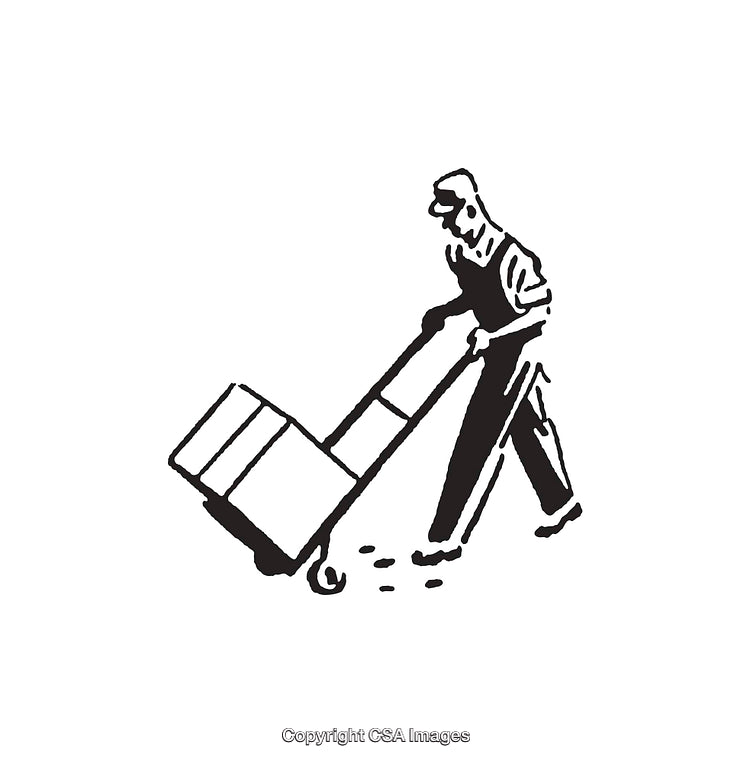 Black and White Line Art of Worker with Hand Truck and Boxes