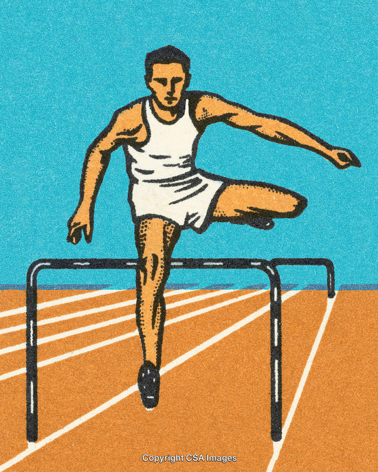 Athlete Jumping Over Hurdle on Track During Competition in Vintage Style