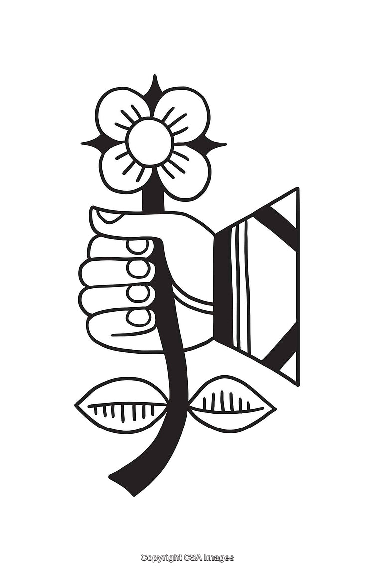 Black and White Line Art of Hand Holding Flower