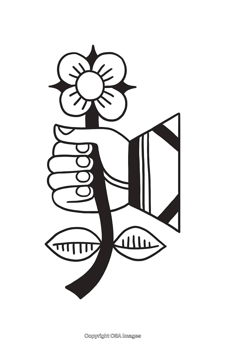 Black and White Line Art of Hand Holding Flower