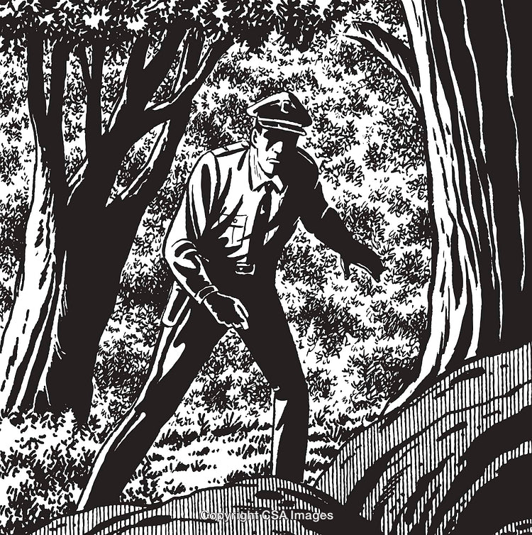 Monochromatic Illustration of Policeman in Forest Investigation Scene
