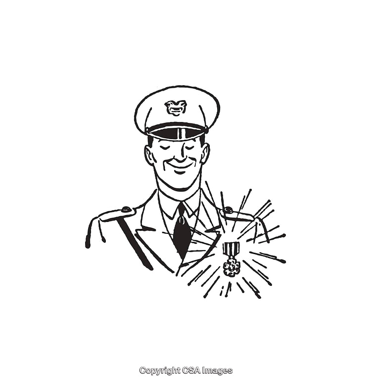 Black and White Illustration of a Military Officer With a Medal
