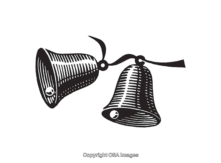 Vintage Line Art of Two Bells with a Decorative Ribbon