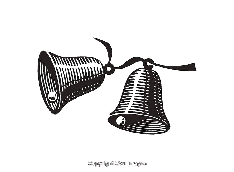 Vintage Line Art of Two Bells with a Decorative Ribbon