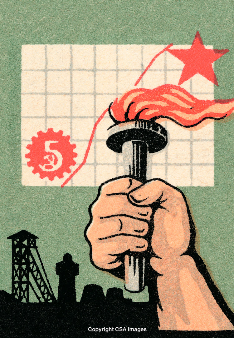 Vintage Poster Art with Industrial Theme and Symbolic Hand Holding a Torch