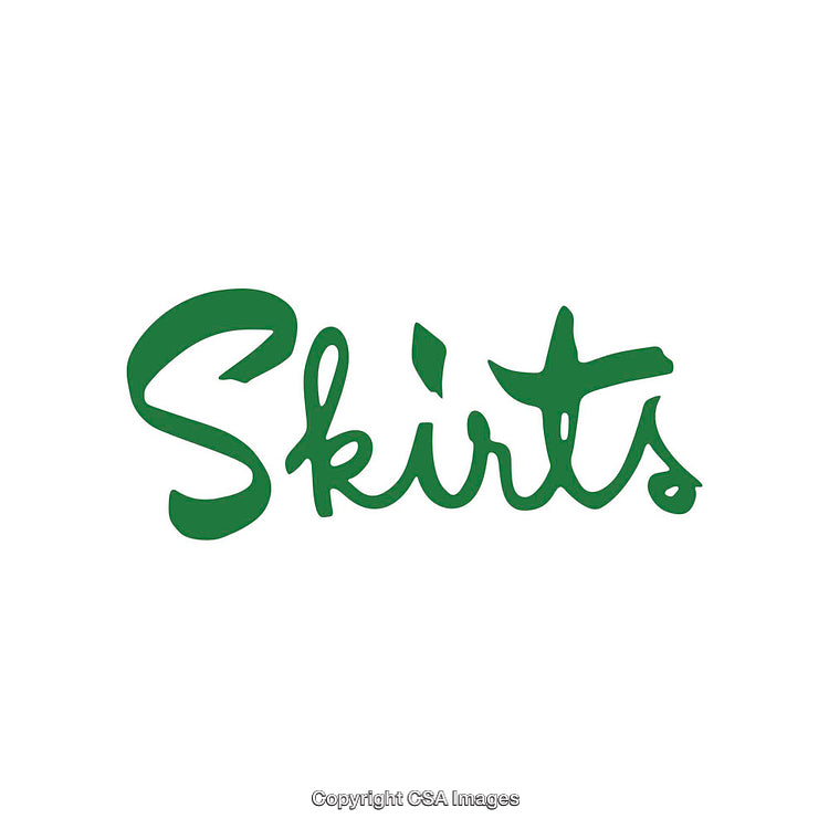 Creative Green Handwritten Text Featuring the Word Skirts on White Background