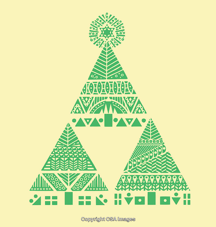 Geometric Green Tree Design with Colorful Patterns on a Yellow Background