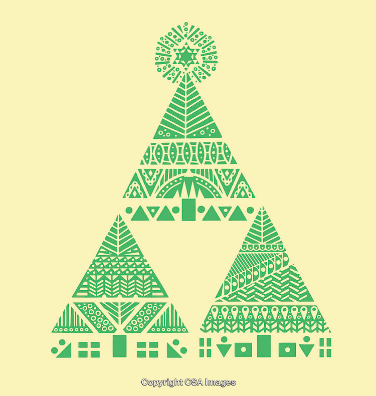 Geometric Green Tree Design with Colorful Patterns on a Yellow Background