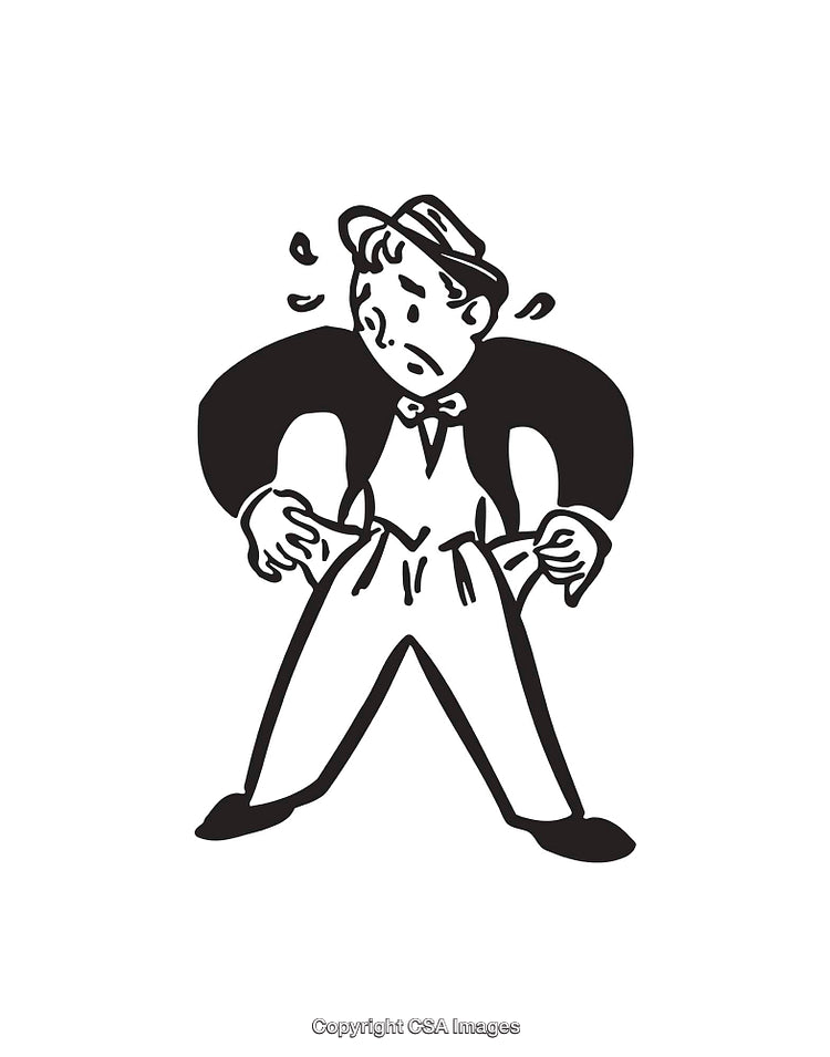 Vintage Line Art of a Man Showing Empty Pockets in Stress