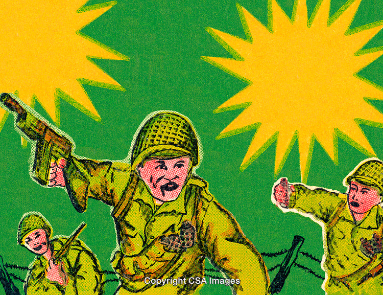 Vintage Illustration of Soldiers in Combat with Explosive Background