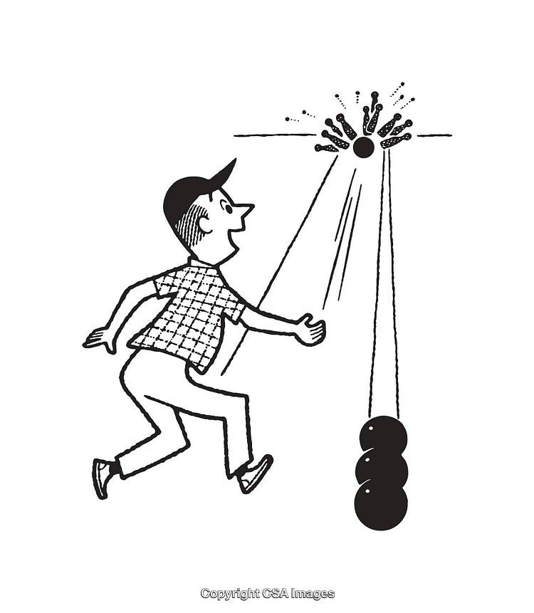Black and White Line Art of a Surprised Character Near Abstract Structure