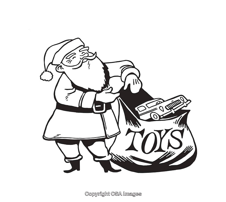 Santa Claus with a Sack of Toys in Black and White Illustration