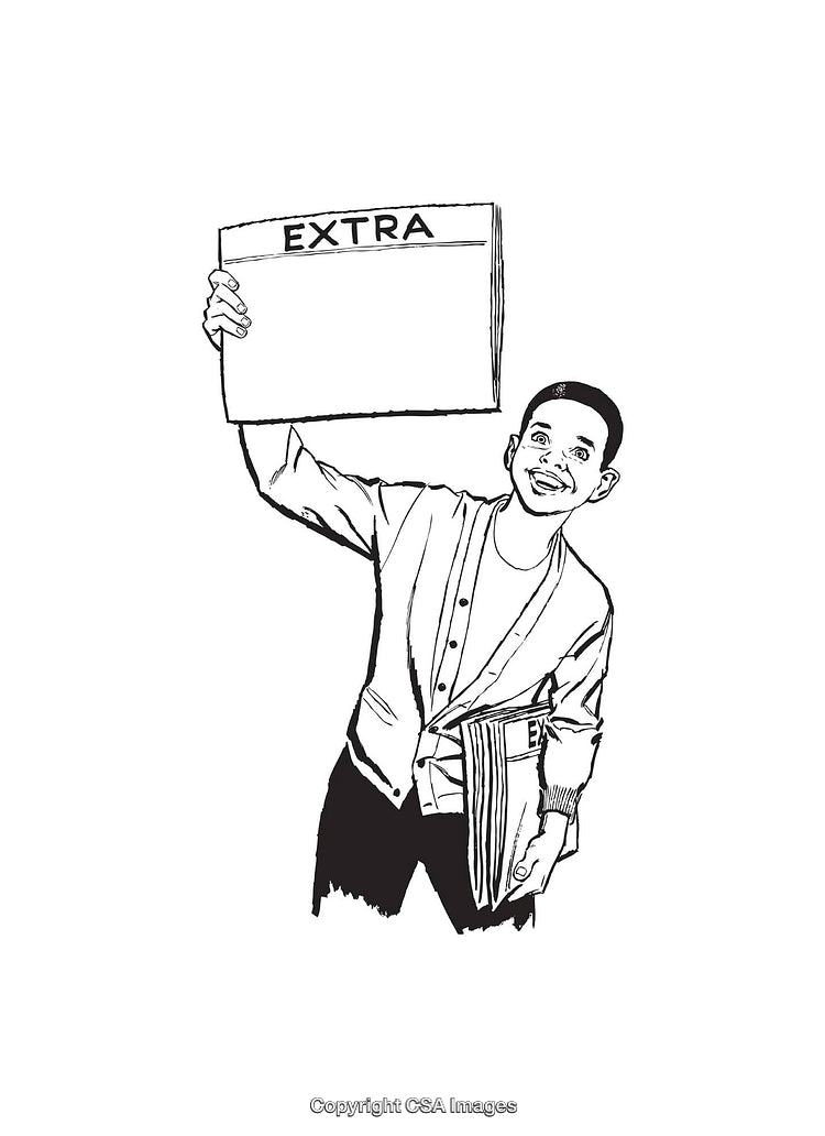 Black and White Illustration of a Newsboy Holding a Newspaper Exclaiming 'Extra'