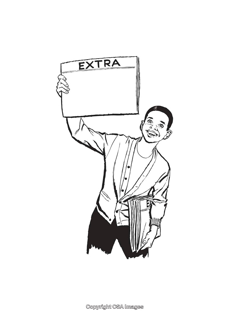 Black and White Illustration of a Newsboy Holding a Newspaper Exclaiming 'Extra'