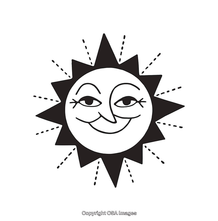 Black and White Sun Line Art Illustration with a Smiling Face