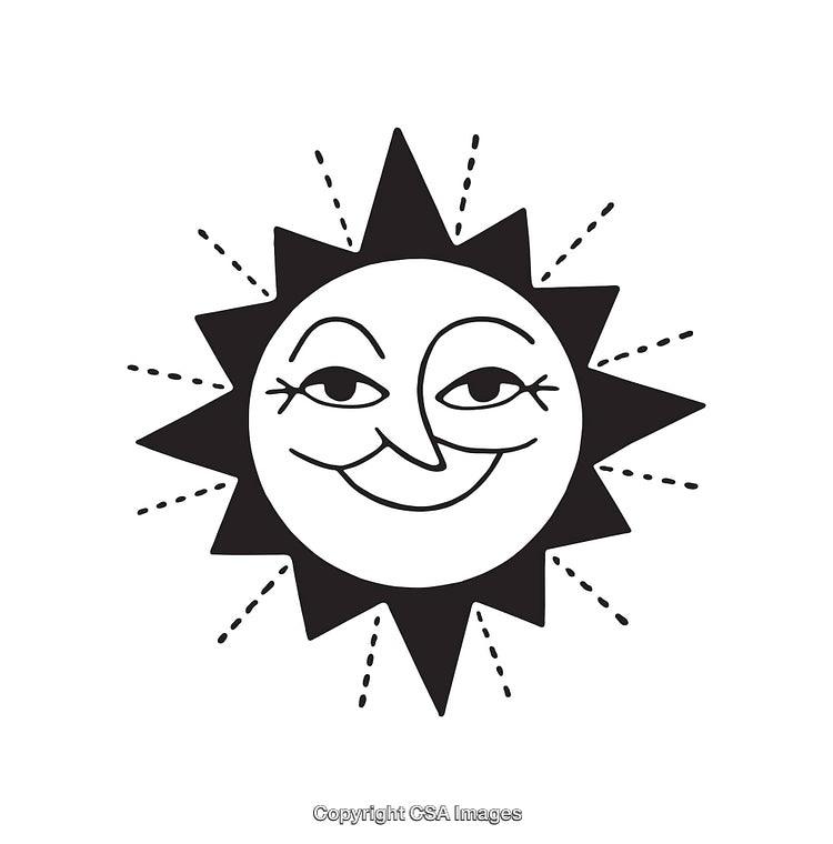 Black and White Sun Line Art Illustration with a Smiling Face