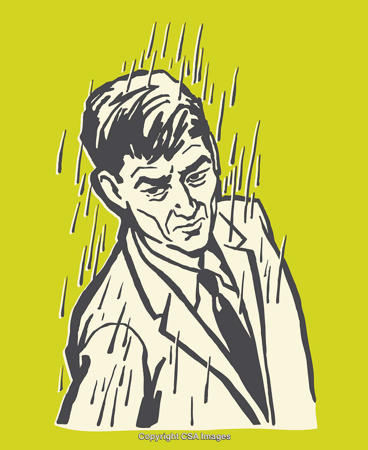 Stylized Illustration of a Man in Rain on Green Background