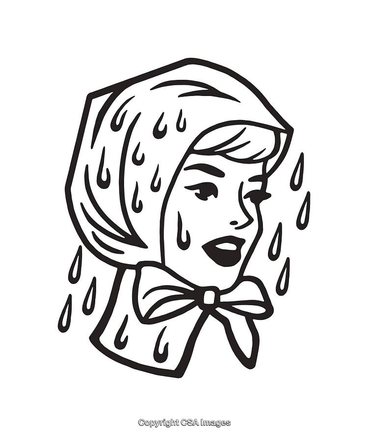 Retro Line Art Illustration of a Woman Under Rain