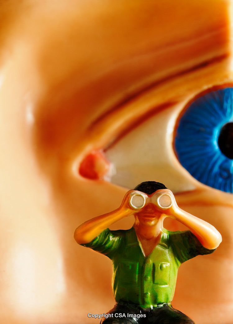 Miniature Figure Observing with Binoculars in Surreal Artistic Scene