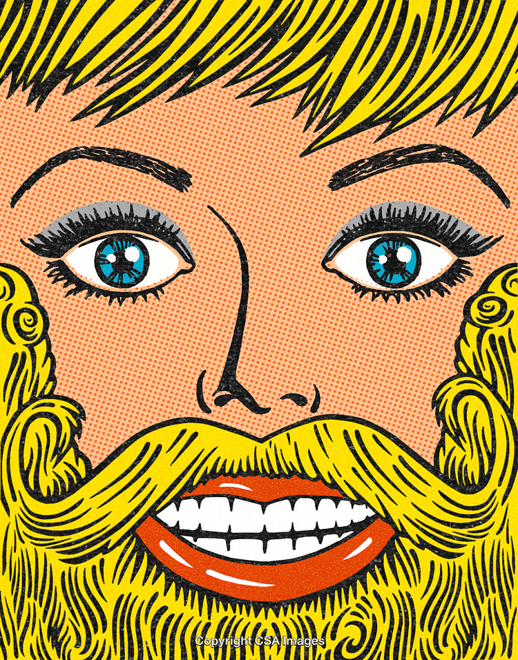 Colorful Pop Art Style Portrait of a Smiling Character with Creative Beard