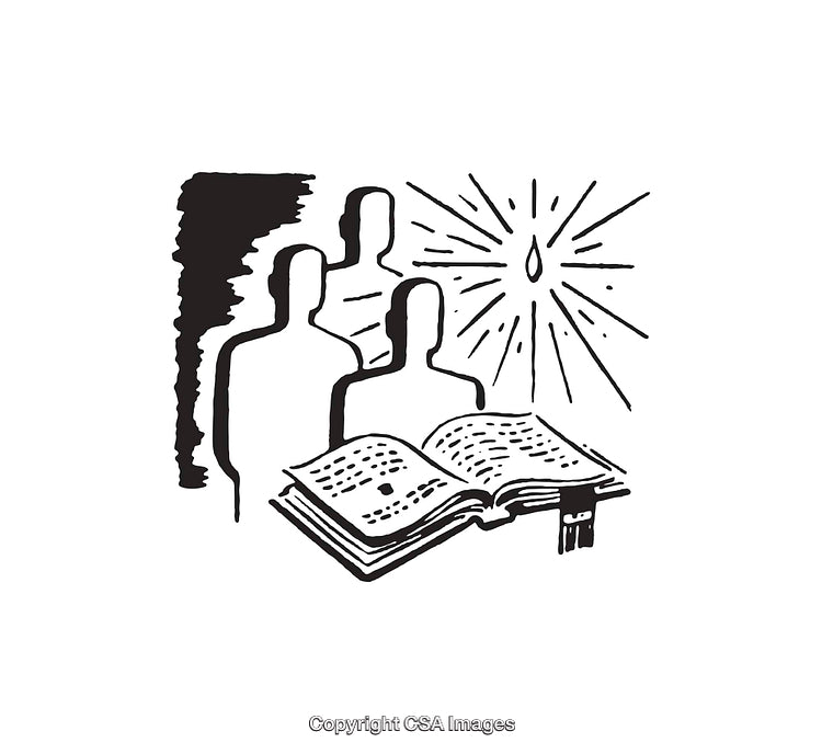 Black and White Line Art Featuring a Book and Silhouetted Figures
