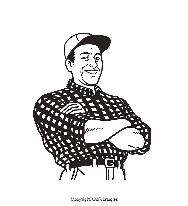 Vintage Farmer Illustration in Black and White Line Art Style